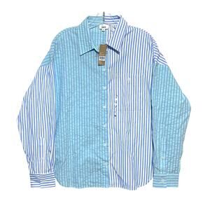BKE Boyfriend Button Shirt Colorblock Coastal Blue Green Striped Womens M Tag